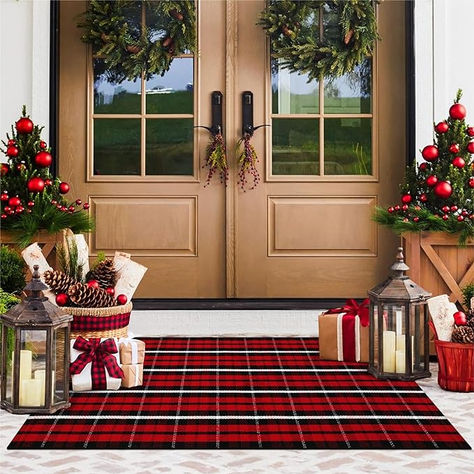 Amazon.com : KIMODE Christmas Door Mat Outdoor 24"X51",Red/Black Buffalo Plaid Rug,Washable Cotton Hand-Woven Layered Door Mats,Reversible Outdoor Christmas Decor for Front Porch,Entryway,Kitchen : Home & Kitchen New Years Front Porch Decor, Double Door Entryway Christmas Decor, Christmas Outdoor Porch Decorations, Christmas Outdoor Rug, Buffalo Plaid Front Porch Decor, Classy Outdoor Christmas Decor, Christmas Decor For Front Porch, Rehearsal Decorations, Romantic Patio