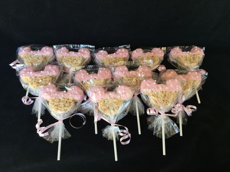 Minnie Mouse rice crispy treats Minnie Mouse Rice Krispie Treats, Minnie Mouse Rice Crispy Treats, Minnie Mouse Theme, Diy Party Favors, Quince Ideas, Rice Crispy Treats, Disney Birthday, Crispy Treats, Second Birthday