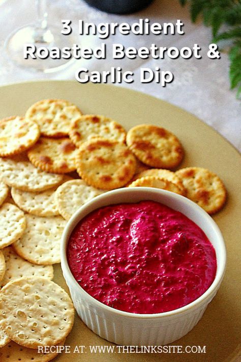 With only 3 ingredients, which include roasted beetroot and garlic, this tasty beetroot dip is the perfect appetizer for a party or summer BBQ! thelinkssite.com #dips #appetizer #beetroot #garlic #recipe Beetroot Relish Easy, Balsamic Beetroot Relish, Beetroot And Goats Cheese Starter, Beetroot Dip Vegan, Garlic Dip Recipes, Beetroot Dip, Garlic Dip, Side Dish, Pinwheel Recipes