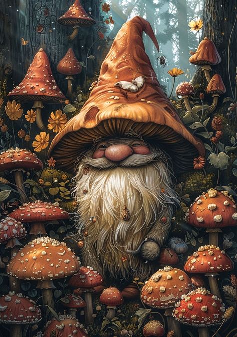 Loco Tattoo, Gnome Drawing, Fairy Mural, Fungi Illustration, Mushroom Gnome, Gnome Wallpaper, Forest Gnome, Magical Flowers, Gnome Art