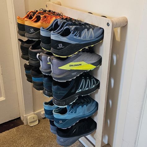 This is an ideal space saving shoe storage for a cupboard, hallway or as a feature wall.  Message me for enquiries regarding shipping, custom orders and multiple purchases. Each separate unit holds 12 pairs of shoes. Made from solid 12mm Birch plywood. Plywood does have grain patterns, knotts, colour differences and patches - it is a natural unfinished plywood product. Bottom slot is wider for boots & steel toe cap shoes. Made in Scotland. All fixings, standoffs and dowels are included.  Discoun Mudroom Shoe Rack, Cute Shoe Rack, Plywood Shoe Rack, Homemade Shoe Rack, Under Eaves Storage, Shoe Rack Wall, Cloakroom Storage, Mounted Shoe Rack, Shoe Storage Design