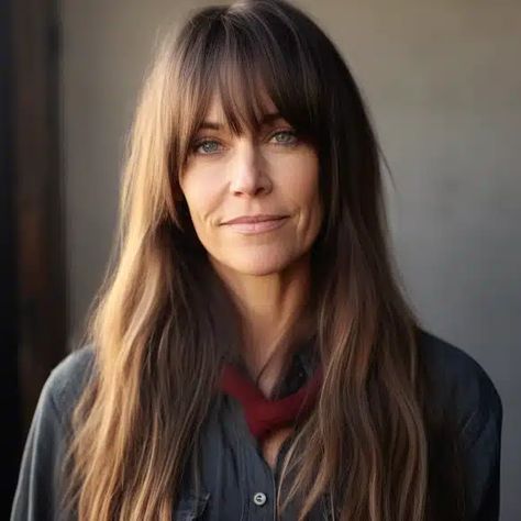 60s Medium Hair, Face Fringe Long Hair, Fringe With Long Layers, Fringe With Long Hair, Feathered Bangs Long Hair, Straight Hair With Long Layers, Mid Length Hair With Fringe, Bangs Older Women, Long Brown Hair With Bangs