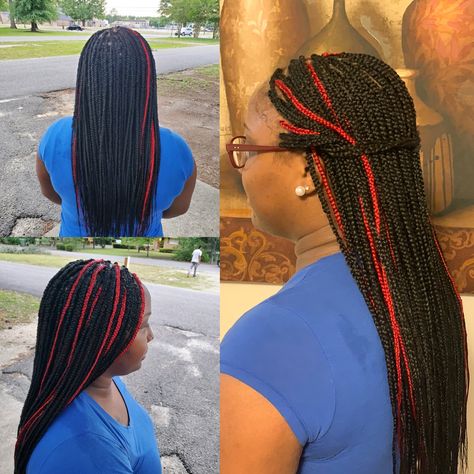 Box braids with red highlights Red Peekaboo Box Braids With Beads, Box Braids With Red Highlights, Braids With Red Highlights, Red And Black Box Braids With Beads, Black And Red Goddess Box Braids, Box Braids With Highlights, Red And Black Highlights, Black And Red Box Braids Mixed, Braids With Red