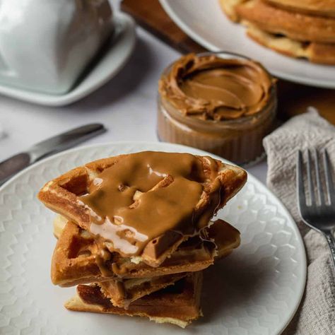 Make yourself some Biscoff Waffles and start the day off with something awesome. Light and crispy and sweet and spiced, this breakfast recipe is absolutely delicious. #wafflerecipe #biscoff #breakfastrecipes Biscoff Waffles, Nutella Waffles, Waffle Toppings, Best Butter, Flavored Syrup, Spice Cookies, Waffle Iron, Ice Cream Flavors, Waffle Recipes