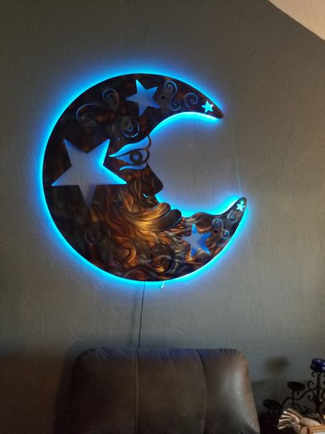 Metal wall sculpture moon wall hanging interior decor moon with face home decor large moon and stars steel led light art moon gifts for her by metalartuniquelove on Etsy Led Light Art, Personalized Paintings, Summer Ball, Farmhouse Contemporary, Face Home, Custom Business Signs, Art Moon, Moon Gifts, Fine Artwork