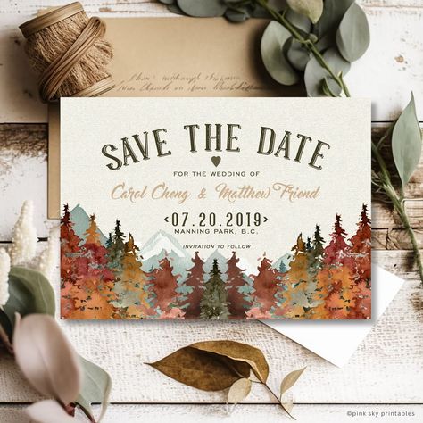 Mountains Fall Wedding Save the Date, Rustic Wedding, Wilderness, Trees, Watercolor, Printable or Printed Save the Date - Etsy Fall Mountain Wedding Invitations, Fall Wedding Save The Date, Woodsy Fall Wedding, Cringe Wedding, Fall Forest Wedding, Wedding Invitations Fall, Haunted Wedding, Bridal Era, Save The Date Rustic