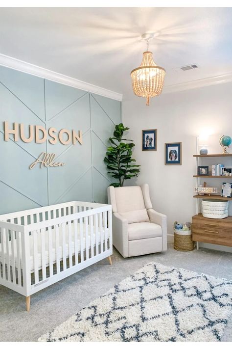 30+ Tranquil Light Blue Nursery Ideas (Tips, Inspirations,& Decor) - Mom And Home Two Color Nursery Walls, Neutral Nursery With Blue Accents, Boy Nursery White Furniture, Coastal Blue Accent Wall, Boy Nursery With Wallpaper, Light Blue Nursery Gender Neutral, Grey Wall Nursery, Light Blue Baby Boy Nursery, Minimalist Boy Nursery