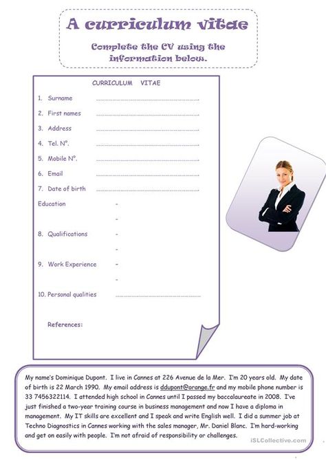 CURRICULUM VITAE - English ESL Worksheets for distance learning and physical classrooms Curriculum Vitae In English, Cv For Students, How To Make Cv, Cv English, Infant Curriculum, Birth Education, English Club, Personal Qualities, English Activities