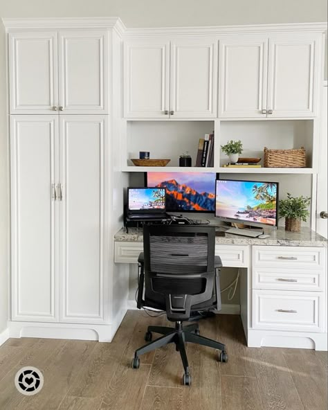 Custom cabinet, custom pantry, custom desk, wood cabinets, white cabinet, white ice granite Office Built In Cabinets, Basket With Greenery, Pantry Desk, White Office Desk, Kitchen Desk Areas, White Shelving Unit, Blue Home Offices, Organize Office, Dining Room Built In