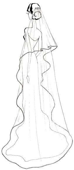 CASCADE/WATERFALL: This style features an edge that ripples down.  It looks best with a simpler style gown because the veil's unique shape can detract from the gown.  Sometimes it's cut to look like it is two separate layers- one long and one short Veil Sketch, Wedding Veils, Wedding Veil, Bridal Veil, Wedding Outfit, Bridal Hair, Veil, Fashion Illustration, A Wedding