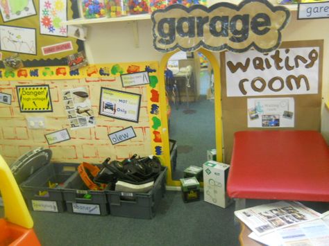 Mechanics Garage role-play classroom display photo - Photo gallery - SparkleBox Play Garage, Mechanics Garage, Role Play Areas, Dramatic Play Area, Car Part Furniture, Auto Shop, Dramatic Play Centers, Mechanic Garage, Transportation Theme