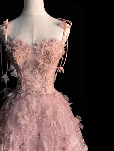 Pink Gowns Aesthetic, Pink Spaghetti Strap Dress For Banquet, Pink Spaghetti Strap Banquet Dress, Fairy Gown Prom, Dreamy Dress Aesthetic, Pink And White Prom Dress, Enchanted Garden Prom Dress, Ball Dress Aesthetic, Ball Gowns Pink