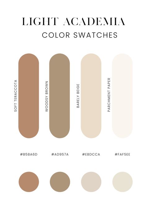 light academia color swatches in terracotta, medium brown, beige and a light cream color Light Beige Color Palette, Organization Art Supplies, Light Academia Color Palette, Light Academia Colors, Palette Beige, Clay Roof Tiles, Clay Roofs, Colour Pallets, Beige Color Palette