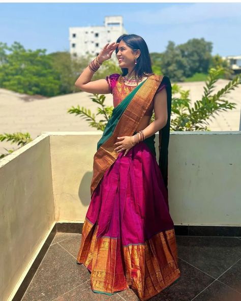 Half Saree Stiching Designs, Saree Draping Like Half Saree, Photography Poses In Half Saree, Stills In Half Saree, Half Saree Stills, Indian Fashion Lehenga, Silk Saree Blouse Designs Patterns, Saree Wearing Styles, Lehenga Saree Design