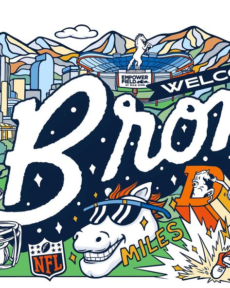 Mural Design for @broncos Big thanks to @kjdesignsthings for including me! I’m truly humbled to be selected for this opportunity being that @denver has such an immense roster & community of talented artists. Art Direction: We landed on this “doodle collage” style that celebrates Broncos fandom + Colorado’s natural beauty. Of all the sketches and ideas that I presented, @kjdesignsthings wanted to go with this idea being that it encapsulates the personal style I’ve been developing since mov... Bronco Illustration, Denver Broncos Wallpaper, Denver Broncos Logo Svg, Denver Broncos Sublimation, Denver Art, Mural Design, Art Direction, Style Me, Personal Style