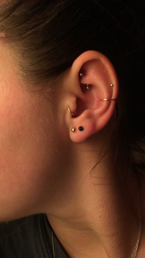 Tragus, conch, rook, helix, and double lobe piercing. #mariatash #conch #piercing #room #tragus #gold #curatedear Room Piercing, Piercing Room, Conch Piercing Ideas, Tragus Hoop Piercing, Double Lobe Piercing, Piercings Ear Conch, Tragus Gold, Minimalist Ear Piercings, Piercing Inspo