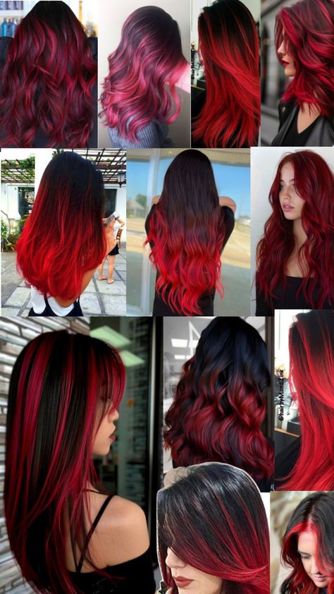 Black And Red Emo Hair, Red Hair Black Tips, Black To Red Ombre Hair, Red Hair With Black Tips, Black Hair Red Tips, Red Peekaboo Hair, Red Hair With Black, Black Hair Men, Black Roots Red Hair