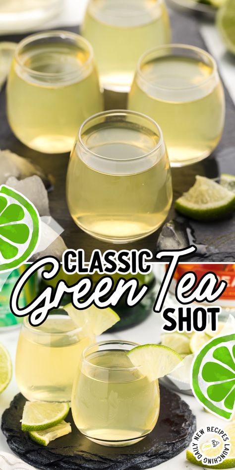 Green Tea Shot Green Tea Shots Recipes, Frozen Mixed Drinks, Alcoholic Shots, Green Tea Cocktail, Tea Cocktail Recipes, Green Tea Drinks, Iced Drinks Recipes, Tea Drink Recipes, Pinky Girl