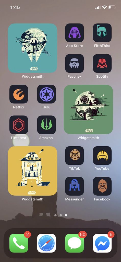 Customized iOS 14 iPhone layout. Shortcuts app and widgetsmith to create #ios14 #starwars #iphone Star Wars Widgetsmith, Starwars Widget, Starwars Phone Theme, Star Wars Homescreen, Star Wars Ios 16, Starwars App Icons, Star Wars Themed App Icons, Ios 16 Star Wars Theme, Star Wars App Icons Aesthetic