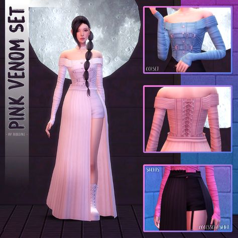 ✩ Trillyke �✩ | Pink Venom Set I’m bringing you one of Jisoo’s... Pink Venom Mv, Sims4 Accessories, Sims 4 Black Hair, Modern Gown, Cc Clothes, Pelo Sims, Sims 4 Mm Cc, Pink Venom, Sims 4 Dresses