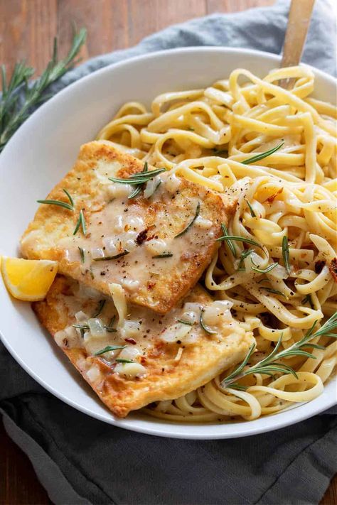 Vegan Tofu Scallopini  - Rabbit and Wolves Vegan Summer Recipes Dinners, Rosemary Cream Sauce, Stuffed Tofu, Vegan Seafood, Rabbit And Wolves, Tofu Steak, Vegan Tofu, Tea Ideas, Vegan Italian