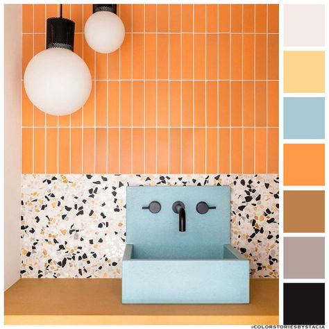 Is this not the perfect balance of shape, color, and composition? I'm loving the matte black and ice blue with the pumpkin orange tile and bold terrazzo!⁠ 🎨: @handsome.salt @kastconcretebasins ⁠ 📷: @jenny_siegwart ⁠ Aesthetic Bathroom Decor, Concrete Collaborative, Colorful Terrazzo, 20 Aesthetic, Orange Tiles, Mid Century Modern Bathroom, Modern Bathroom Tile, Fireclay Tile, Aesthetic Bathroom