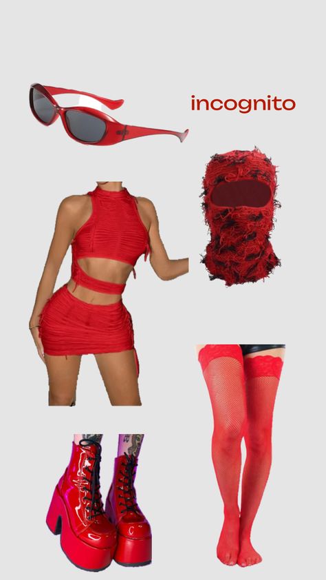 rave baddie costume 🥀🐞🖤 #redraveoutfit #skimask #raveoutfit Rave Baddie, Red Rave Outfit, Ski Mask, Rave Outfits