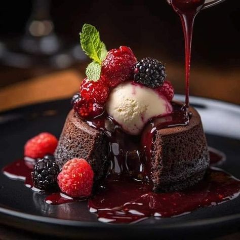 Cake and dessert  recipes | Chocolate Lava Cake with Berry Compote | Facebook Lava Cake With Ice Cream, Dessert Recipes Chocolate, Cake And Dessert, Raspberry Coulis, Berry Compote, Cereal Milk, Recipes Chocolate, Chocolate Lava, Chocolate Lava Cake