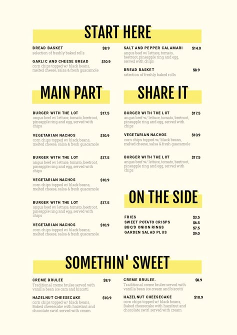 Menu template design with Stand Out Section Headers - 1 Menu Template, 10 Ways - Hack Your Visual Design Series Menu Design Layout, Menu Maker, Menu Design Inspiration, Cafe Menu Design, Menu Card Design, Menu Layout, Menu Inspiration, Menu Design Template, Food Menu Design