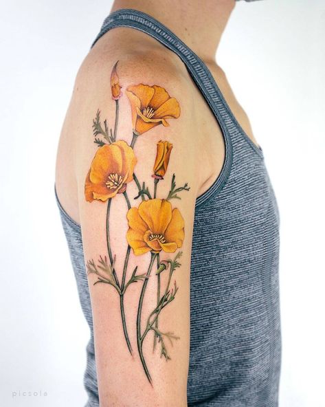 Poppy Tattoo Ideas, Poppy Tattoo Meaning, California Poppy Tattoo, Upper Arm Tattoo, Poppy Flower Tattoo, Poppy Tattoo, California Tattoo, Bright Tattoos, Tulip Tattoo