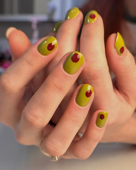 🫒 Olive nails for @trisssmery inspired by @the_gelologist Veggie Nail Art, Olives Nails, Nails Fruit Design, Olive Nails Design, Veggie Nails, Funny Nail Designs, Olive Nail Art, Fun Simple Nails, Funny Nails Ideas