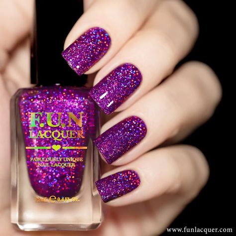 First Date is a vibrant and illuminating purple holo micro glitter. Jam packed with 100% pure holographic glitter in clear base. Holographic Glitter Nails, Fun Lacquer, Purple Glitter Nails, Glitter Nail Polish, Glitter Nail, F U, Holographic Glitter, Purple Glitter, Nail Paint