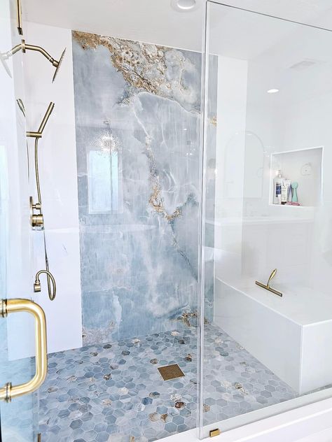 The blue is called vita bella and the light one allesia bianca. Vita Bella Tile Bathroom, Basement Redo, Tile Layout, Bathroom Redesign, Master Bath Remodel, Bathroom Design Decor, Bathroom Remodel Designs, Bathroom Remodel Shower, Bathroom Inspiration Decor