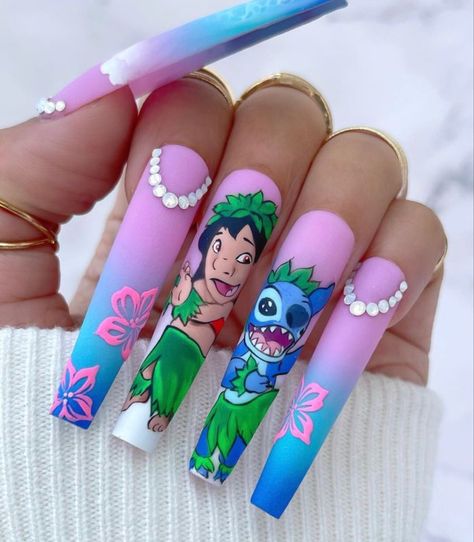 Lilo And Stitch Nails, Princess Nail Designs, Stitch Nails, Nike Ideas, Summer Nailart, Spongebob Nails, Hawaii Nails, Lux Nails, Disney Acrylic Nails