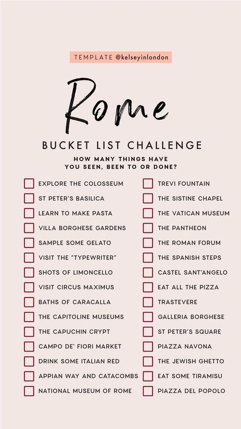 Bucket List Challenge, Rome Bucket List, Things To Do In Rome, List Challenges, Travel Destinations Bucket Lists, Voyage Europe, Travel Checklist, Rome Travel, Summer Bucket Lists