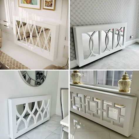 Decor For Hallway Wall, Radiator Cover Uk, Covering Radiator Ideas, Hide Radiator Ideas, Radiator Cover Ideas, Mirror Radiator Cover, Downstairs Hallway, Cream Mirror, Modern Radiator Cover