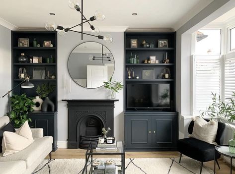 Traditional Home Modern Decor, Victorian Living Room Alcoves, Victorian Living Room Alcove Cupboards, Fireplace Alcove Ideas Living Room, Contemporary Victorian Living Room, Alcove Cupboards Living Room, Alcoves In Living Room, Living Room Alcove Cupboards, Alcove Ideas Living Room With Tv