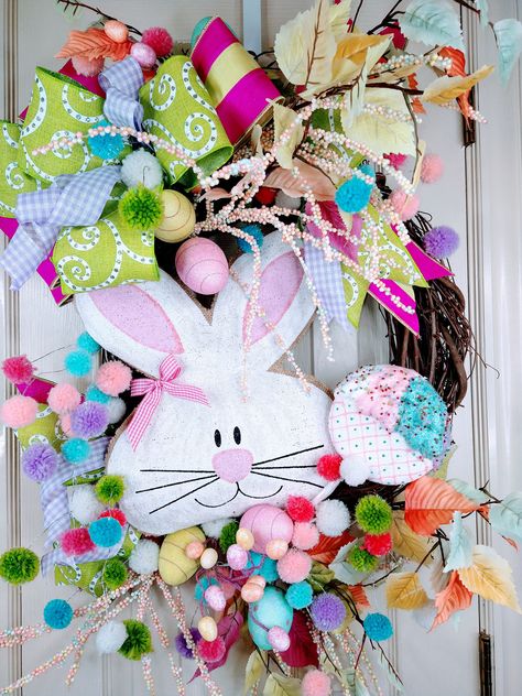 Bunny Door Wreath, Whimsical Bunny, Valentine Door Decorations, Candy Wreath, Spring Floral Wreath, Pastel Candy, Pink Wreath, Bunny Decor, Bunny Wreath