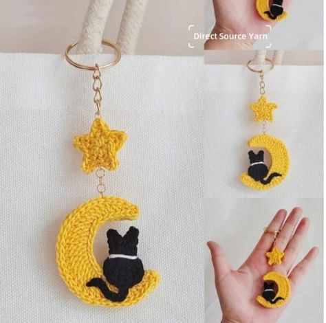 Diy Crochet Earrings, Yellow Crescent Moon, Moon Crochet, Peacock Crochet, Black Cat Sitting, Cat Crochet Pattern, Free Crochet Amigurumi Patterns, Free Crochet Amigurumi, Cat Key