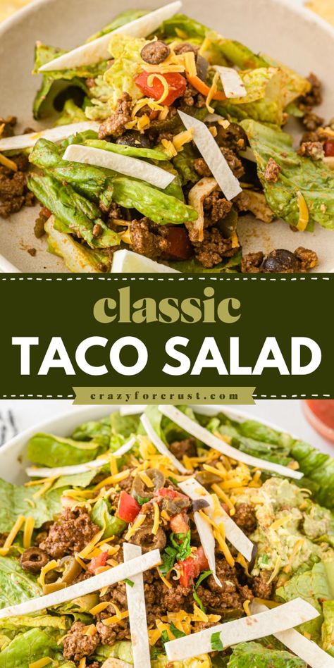 A summer salad recipe using ground beef or ground turkey! Your 4th of July food must have this dinner salad idea. Not only is this Classic Taco Salad full of colors, textures, and flavors, but it is also healthy! Healthy 4th Of July Recipes, Ground Beef Summer Recipes, Healthy 4th Of July Food, Taco Salad Recipe, Easy Taco Salad Recipe, Healthy Tacos Salad, Cookout Side Dishes, Side Salad Recipes, Taco Salad Recipes