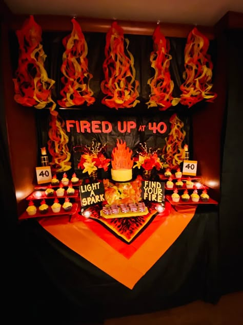 Phoenix Birthday Ideas, Fireball Themed Birthday Party, Flame Themed Party, Red Hot Party Theme, Phoenix Themed Party, Spicy Birthday Theme, Hot Ones Party, Fire Party Decorations, Fire Themed Party