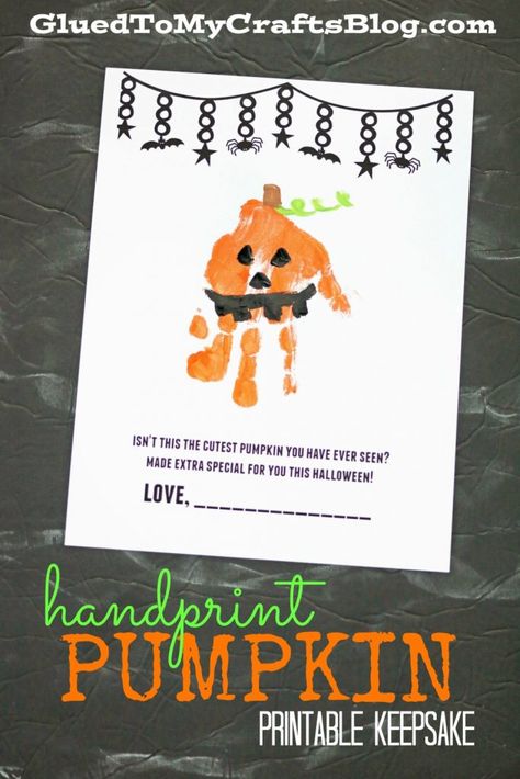 Handprint Pumpkin Printable Keepsake Idea - FREE Printable Included Handprint Pumpkin, Halloween Handprint Crafts, Pumpkin Poem, Turkey Crafts Kids, Fun Thanksgiving Crafts, Halloween Crafts For Toddlers, Keepsake Crafts, Pumpkin Printable, Fun Halloween Crafts