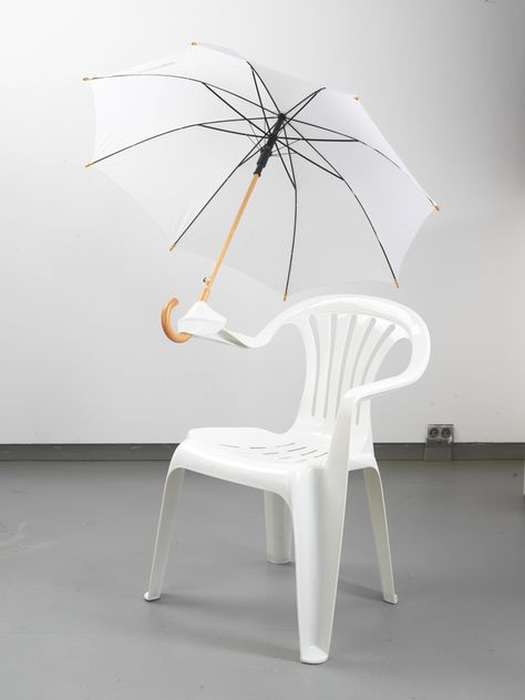 the waterproof garden chair, 2012, transformed polypropylene chair with umbrella Weird Furniture, Unsung Hero, Art Chair, Funky Furniture, Creative Furniture, Plastic Chair, Cheap Furniture, Art Series, Garden Chairs