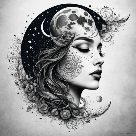 "Stardust Dreams: Face and Moon in Harmony" A captivating tattoo blending the elegance of a split face with the beauty of cosmic elements, evoking the dreamlike balance between humanity and the universe. Hashtags: #StardustDreams #CelestialTattoo #SurrealDesign #BlackWhiteInk#TattooDesign #tattoos #tattooart #tattooing #tattooideas #tattoodesign #tattooartist #tattooart #tattooinspiration Galaxy Head Tattoo, Stardust Tattoo, Cosmic Goddess, Fantasy Tattoo, Cosmic Tattoo, Celestial Tattoo, Goddess Tattoo, Fantasy Tattoos, Head Tattoos