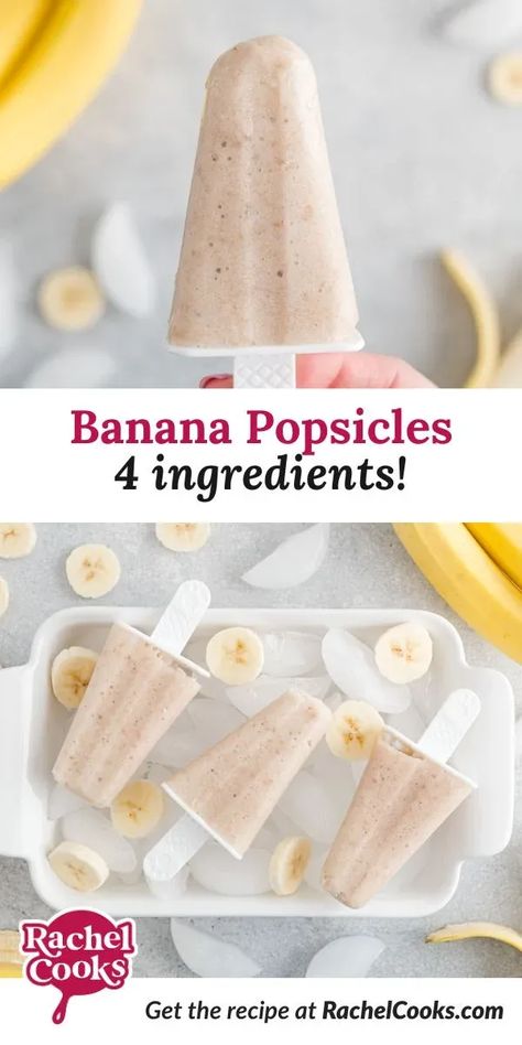 Cool off this summer with a refreshing and healthy frozen banana popsicle. All natural ingredients and only 128 calories per popsicle! Banana Ice Lollies, Banana Yogurt Popsicles, Healthy Popcicles Recipes For Kids, Strawberry Banana Popsicle Recipes, Infant Popsicle Recipes, Kid Friendly Popsicle Recipes, Freeze Pops Aesthetic, Banana Chocolate Popsicles, Homemade Popsicles For Toddlers