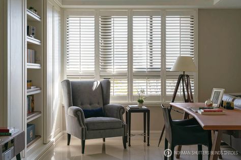 Woodlore® Shutters in the study room. Custom Shutters, Window Covering, Wood Shutters, Study Rooms, The Study, Study Room, Window Coverings, Shutters, Design Details