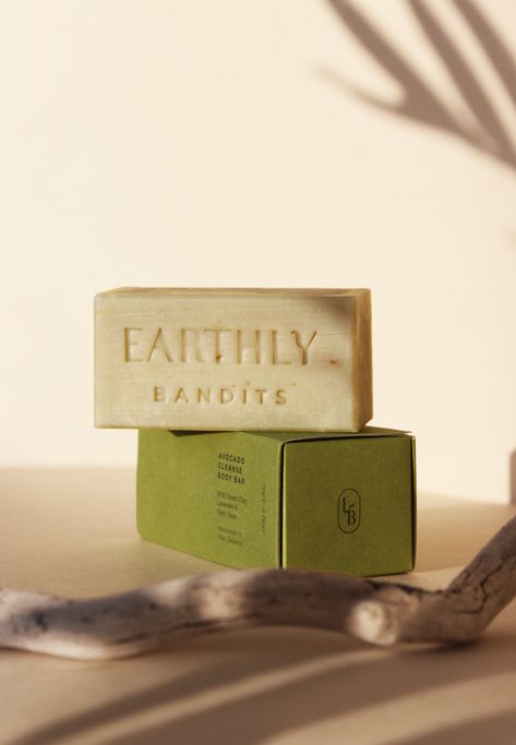 Branding and soap packaging design for Earthly Bandits Aesthetic Soap Packaging, Natural Soap Branding, Bar Soap Design, Soap Product Shoot, Luxury Soap Packaging Design, Handmade Soap Photography, Soap Brand Logo, Organic Soap Packaging, Natural Hygiene Products