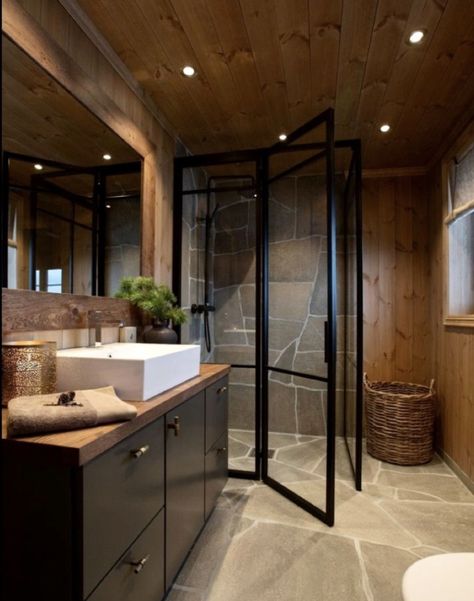 Modern Cabin Bathroom, Dark Cowboy, Cowboy Bathroom, Chalet Bathroom, Modern Log Home, Lodge Bathroom, Mountain Home Interiors, Modern Log Cabin, Epoxy Countertops