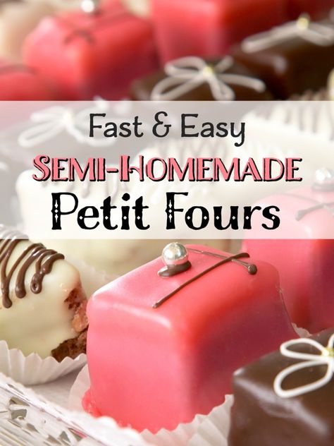 Petit fours are tiny, iced-layer cakes. Often served as part of an assorted pastry tray, these elegant treats are usually made with layers of génoise cake, jam, and French buttercream frosting. This simplified recipe features shortcuts that let you focus on the fun part: decorating. Swiss Colony Petit Fours, Petite Four Icing, Petit Four Flavors, Mini Cake Squares, Cheesecake Petit Fours, Poured Fondant Recipe, Easy Petite Fours, Afternoon Tea Pastries, Christmas Petite Fours