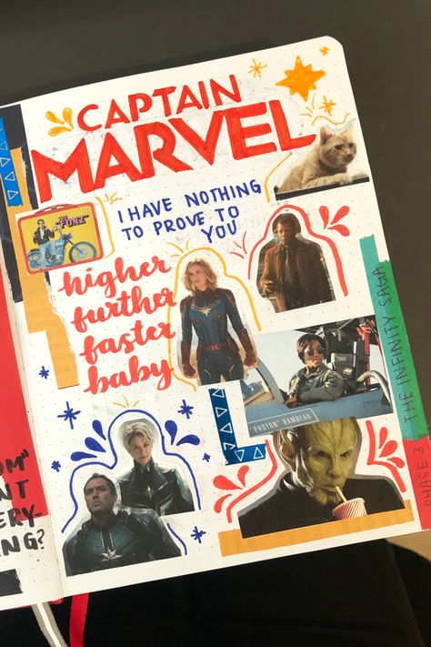 captain marvel page in my mcu journal Marvel Journal Ideas, Marvel Scrapbook, Marvel Journal, Marvel Journal Page, Marvel Newspaper, Movie Bullet Journal Page, Harry Potter Scrapbook, Marvel Books, Marvel Images